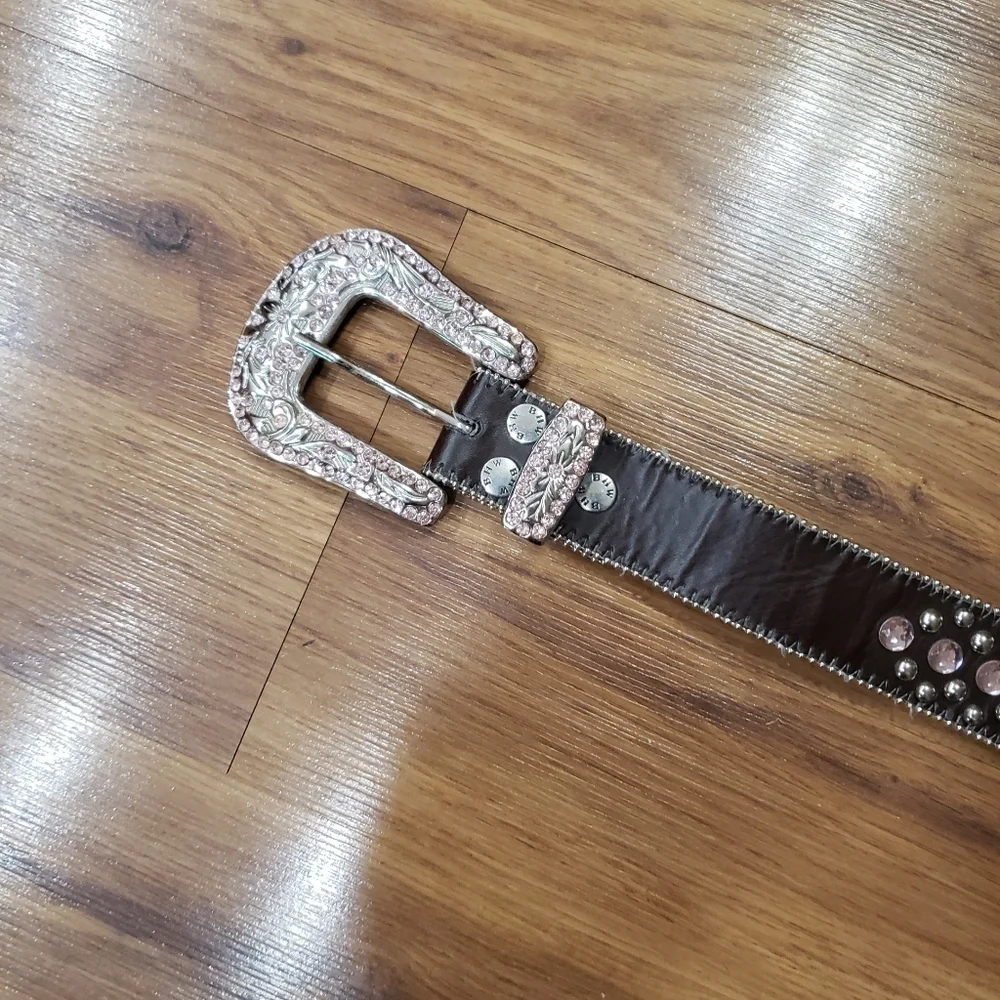 Studded Pink Rhinestone Bling Buckle Brown Leather Belt! Medium